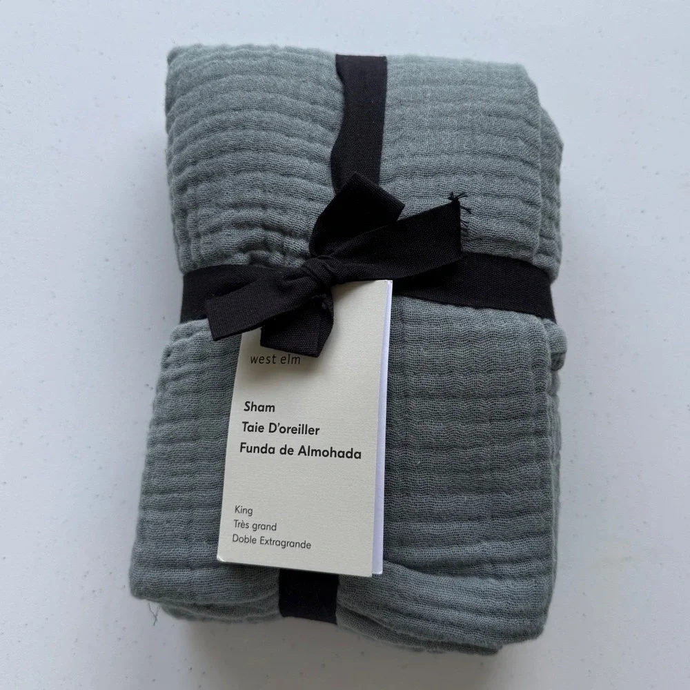NWT West Elm Sham King Size 36x20 in Green Bliss Gauze Cotton Earthy